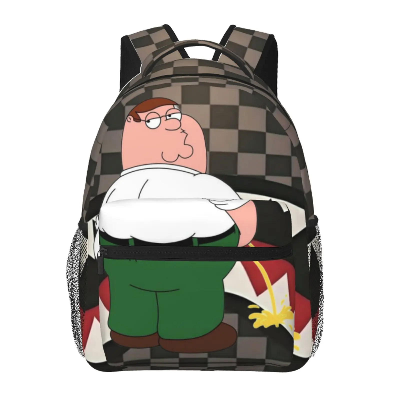 SG Backpack – Family Guy Stewie Smirk Logo Graffiti Checkered Laptop Bag, School Commute, Y2K Cartoon School Bag, Cute Gift for Teen Girls and Students