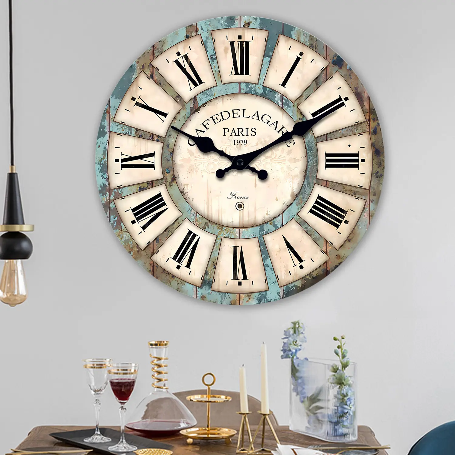 ConstantPlanet vintage wooden wall clock, 20/24-inch large American country decor clock, silent no ticking quartz battery powered, retro Paris train station café decor, suitable for living room and bedroom