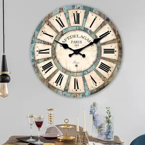 Vintage wooden wall clock, 20/24-inch large American country decor clock, silent no ticking quartz battery powered, vintage Paris train station café decor, suitable for living room and bedroom