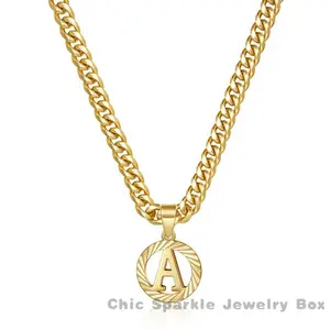 Gold Initial Necklace,14K Gold Plated Round Letter Pendant Hollow Capital Monogram 5mm Cuban Chain Necklace Alhpabets from A-Z Dainty Jewelry for Women Men