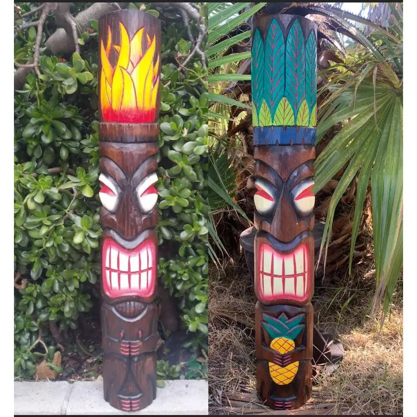 2 Set of Hand Carved Wooden Tiki Totem Masks Tropical Bar Patio Decor 39"x 6"in