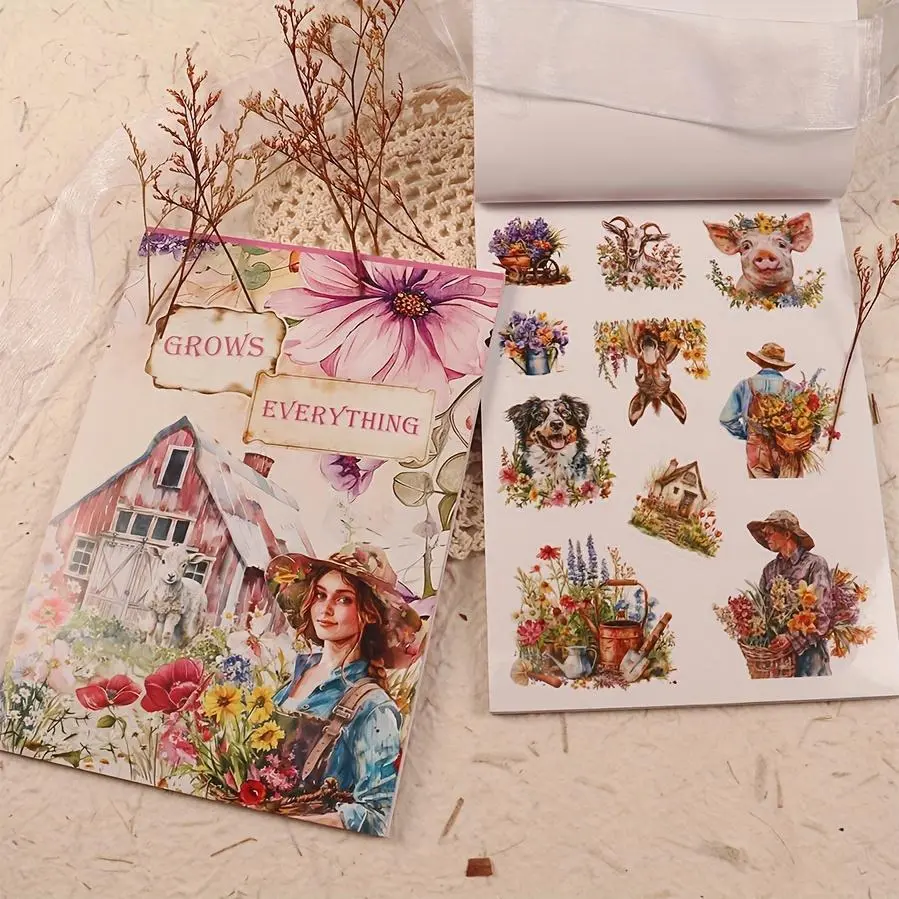 JAIIMAN 20-Sheet Large Size PET Waterproof Self-Adhesive Die-Cut Sticker Book with Farm Animal & Floral Patterns, 5. 56x8. 26 Inches, Perfect for Journaling, Scrapbooking, DIY Crafts, Water Bottles, Skateboards, and Holiday Decorations, DIY Craft