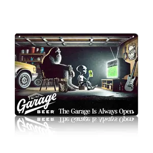 The Garage Is Always Open Funny Garage Beer Metal Sign 8x12inch Vintage Tin Wall Art for Bar Man Cave Home Pub Workshop Game Room Décor with Alien & Bigfoot Artwork