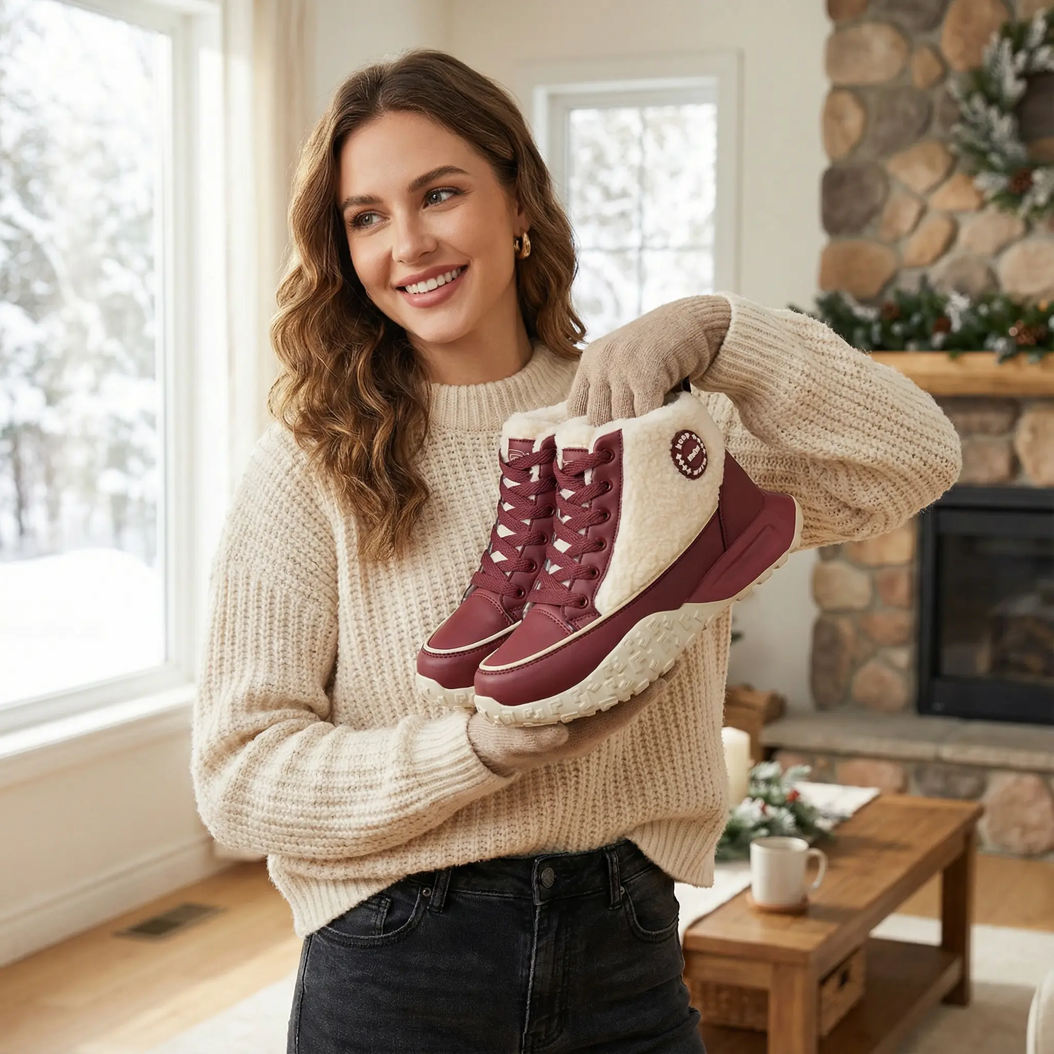 Women's Burgundy/Cream Plush Snow Boots - High-Top Ankle Style with High Heel, Waterproof, Warm & Ski-Resistant for Hiking