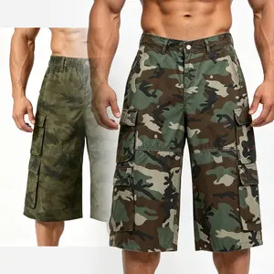 Men's 100% Cotton High-Waisted Wide-Body Military-Inspired Woodland Camo Cargo Shorts, Baggy Streetwear Bottoms with Pockets, Available in Olive Drab for Tropical Wear, Pocket