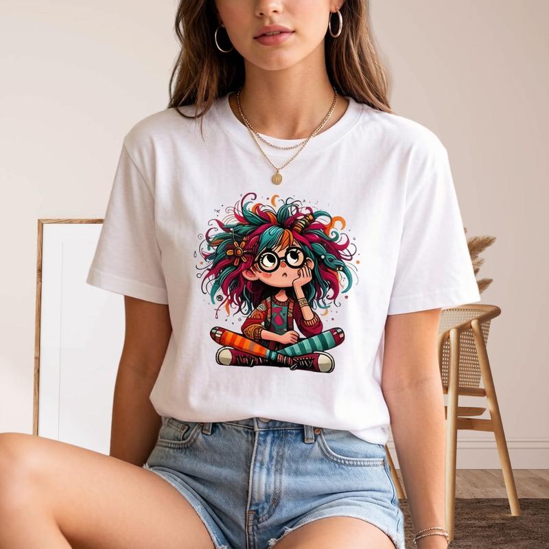 Women's Cotton Oversized Crew Neck Short Sleeve Tops - White Graphic Print, Boho Rainbow Hair Cartoon Girl, Y2K Coquette Loose-Fit A-Type Streetwear Essential, Lightweight Hippie Casual Tee (XS-6XL) + Free Exquisite Gift by Sohochic (Valentine's Day Pick)