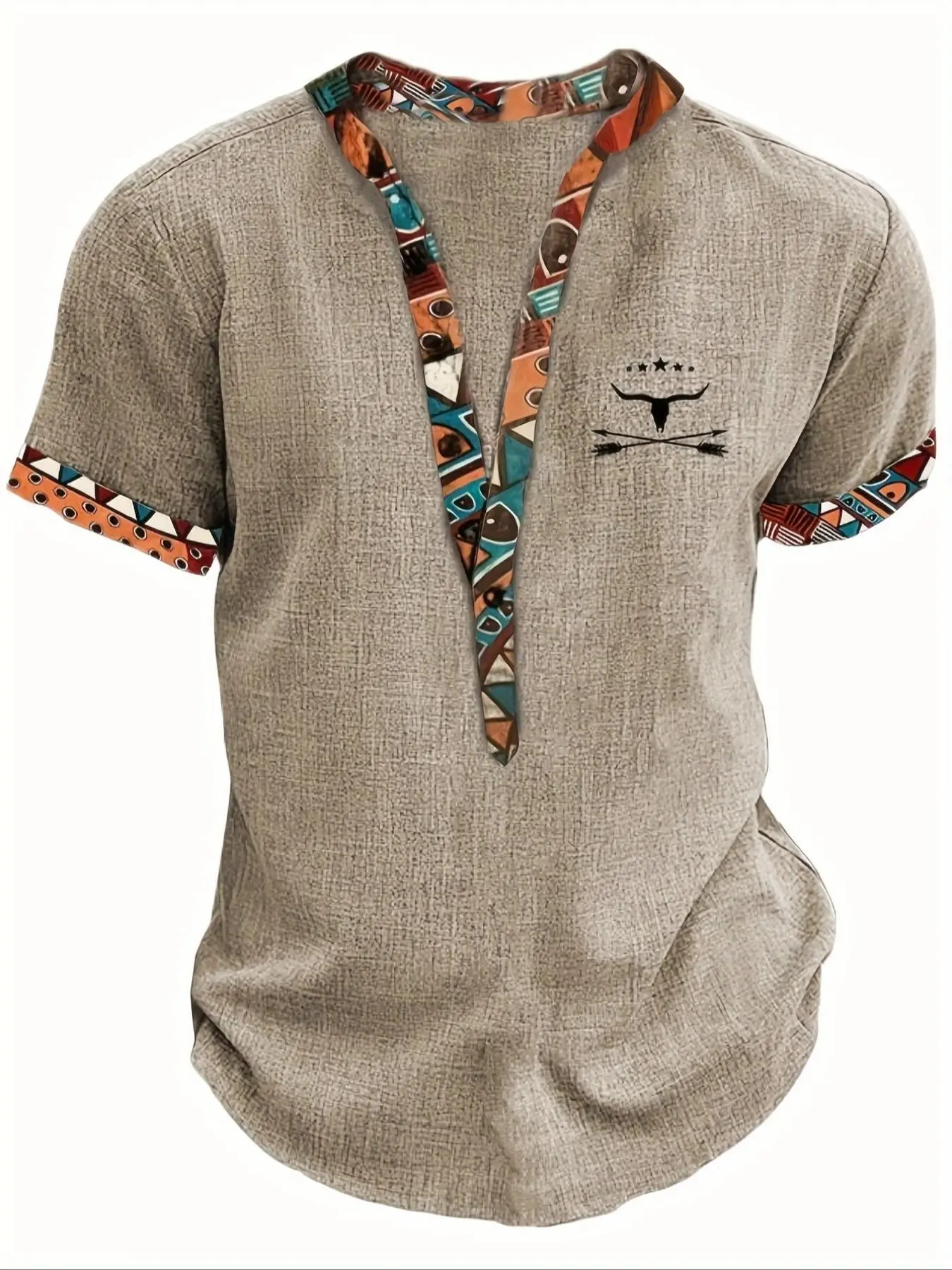 Men's Patchwork Ethnic Geometric Pattern Half Button Front Shirt, Casual Soft Fit, Graphic Short Sleeve Mock Neck Top for Summer, Men's Clothes for Daily Wear
