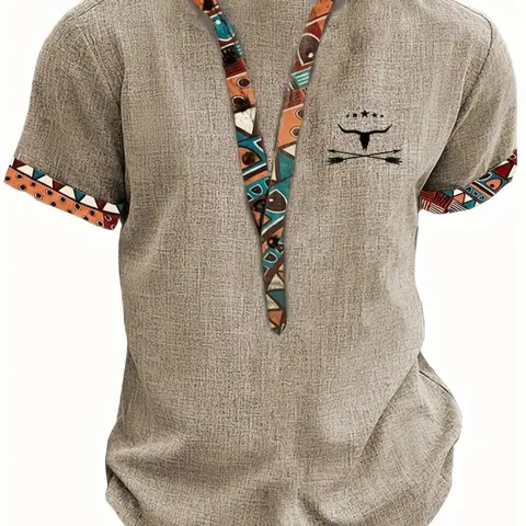 Men's Patchwork Ethnic Geometric Pattern Half Button Front Shirt, Casual Soft Fit, Graphic Short Sleeve Mock Neck Top for Summer, Men's Clothes for Daily Wear