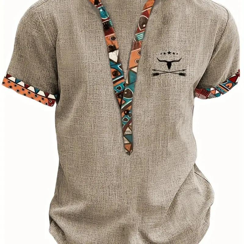 Men's Patchwork Ethnic Geometric Pattern Half Button Front Shirt, Casual Soft Fit, Graphic Short Sleeve Mock Neck Top for Summer, Men's Clothes for Daily Wear