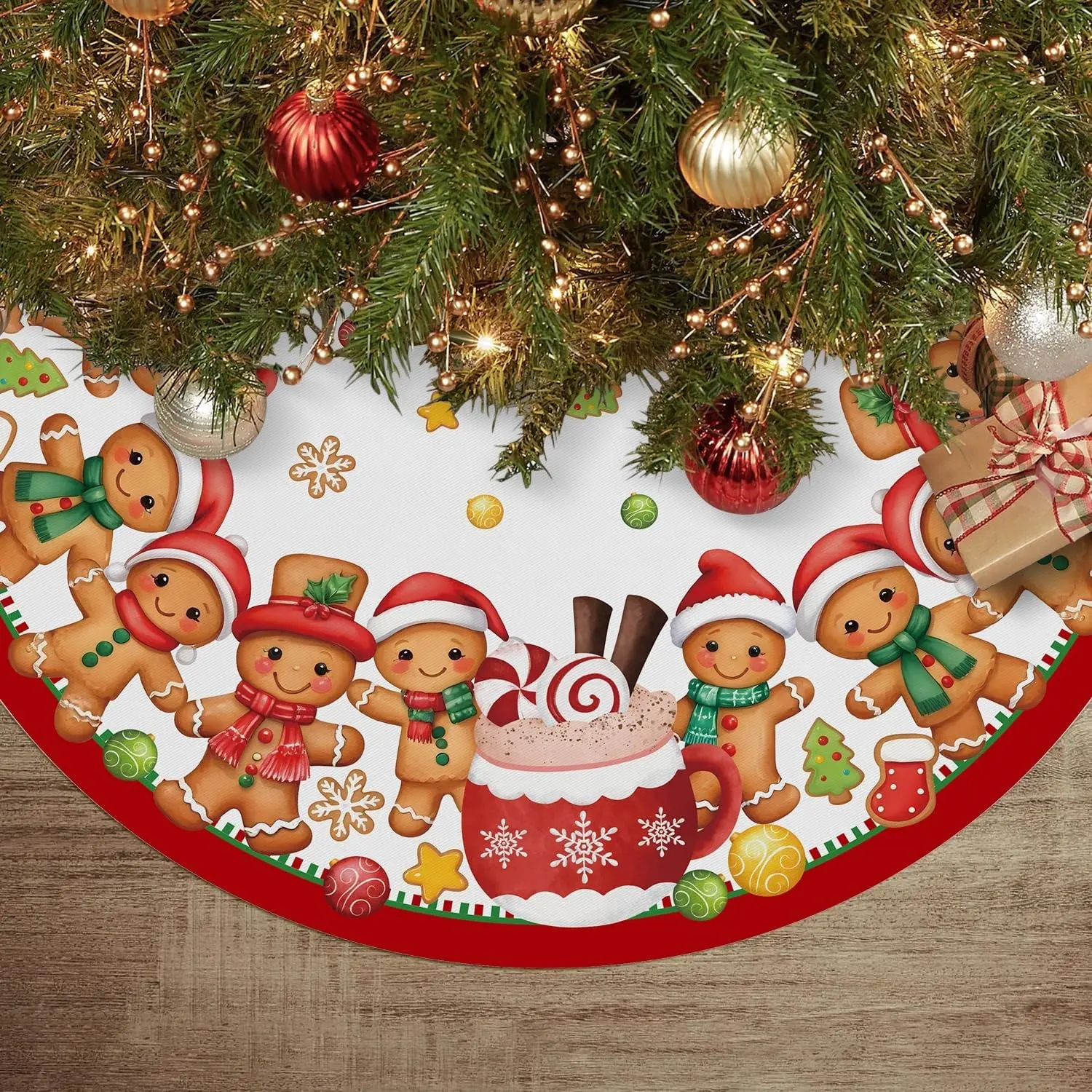 Christmas Tree Skirt 48 Inch Gingerbread Funny Xmas Home Party Decor | Seasonal Winter New Year Tree Decorations Mat for Gifts, Split Slit Design, Rope Ties, Perfect 6-7.5 ft Trees Compatibility