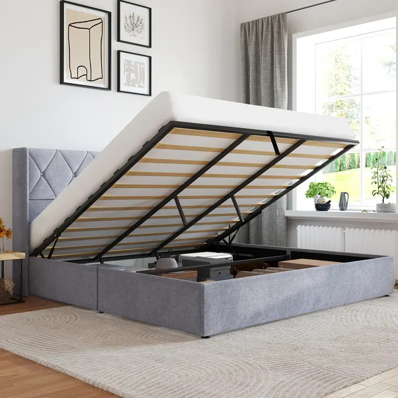 Lift Up Storage Bed Modern Wingback Headboard Hydraulic Support No Box Spring Needed Grey Space Saving Storage Easy To Use