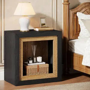Tribesigns Modern Cube Nightstand for Bedroom - Space-Saving Wood Table with Open Storage, Sleek Black & Brown Design
