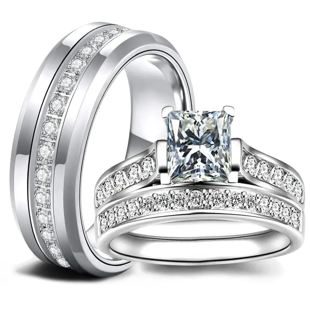Fashion Couple Rings Romantic Women Heart Rhinestones CZ Rings Set Trendy Men Stainless Steel Zirconia Ring Wedding Band Jewelry