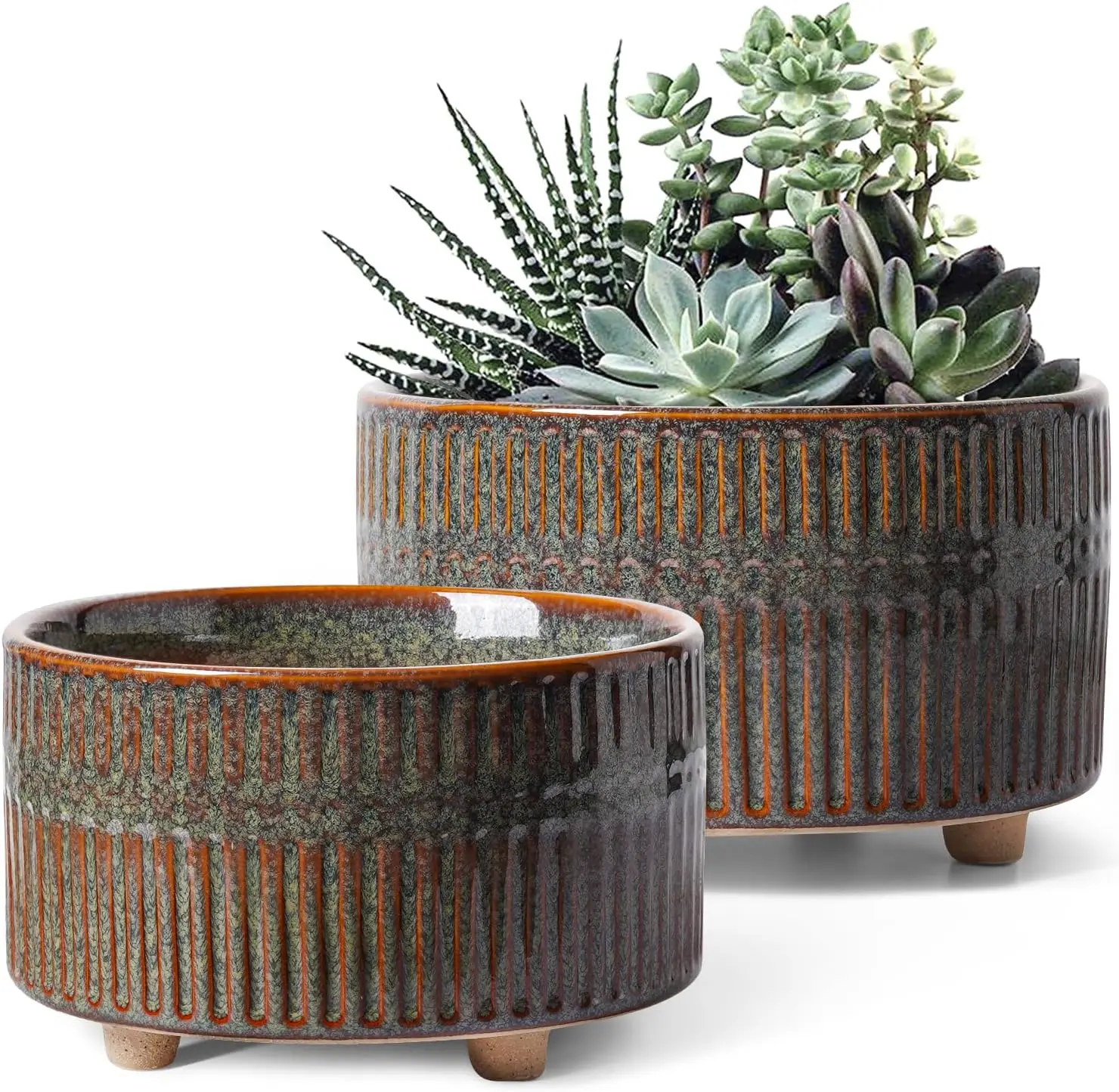 Succulent Flower Pots & Planters with Ad-free Wipes & Plug, Set of 2 6.5+8in Thick-Walled High-Fired Stoneware Reactive Black Ceramic Indoor Shallow Round Planters with Drainage Hole, Contemporary Décor