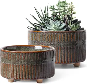 Succunt Pots, 6.5+8 Inch Ceramic Pots for  Indoor, Shallow Round Succunt Planters with Drainage Ho, Set of 2, Reactive  Black