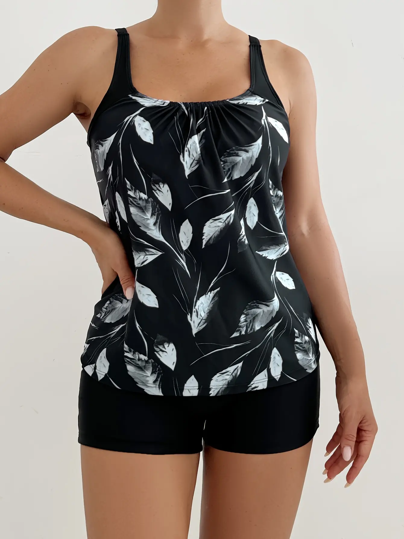 Women's 2-Piece Floral Print Tankini Swimsuit Set - Adjustable Halter Crop Top with Ruffle Neck, Ruched Tummy Control, High Waist Short Bottom, Soft Elastic Slim Fit Bathing Suit Women Set for Summer Beach, Pool, Swimsuits For Women
