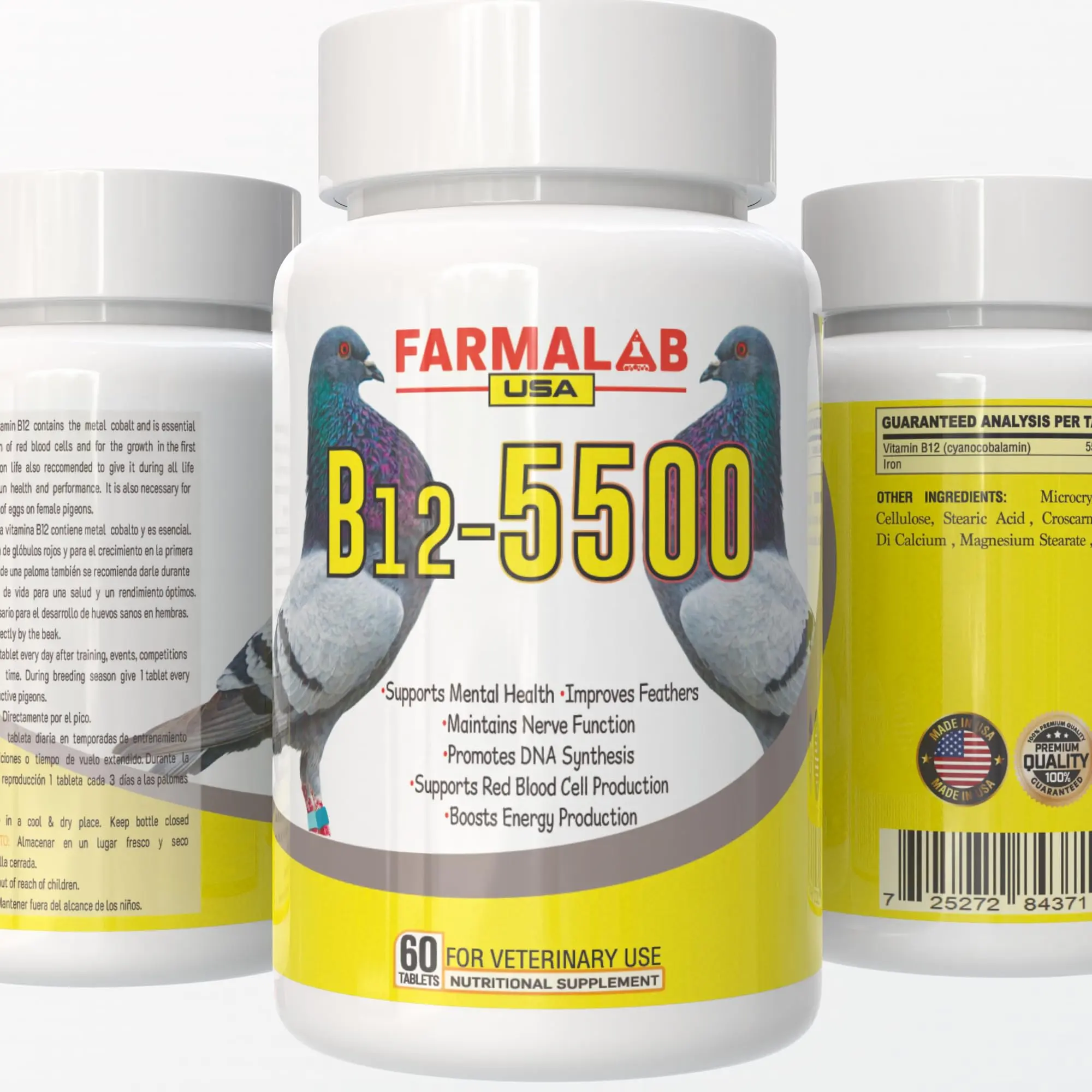 FARMALAB Edible Vitamin B12-5500 Avian Pet Dietary Supplement, 60 Tablets with 5500 mcg B12 & 1 mg Iron, Supports Mental Health, Boosts Red Blood Cell Production, Enhances Energy, Improves Feathers, Maintains Nerve Function, Promotes DNA Synthesis