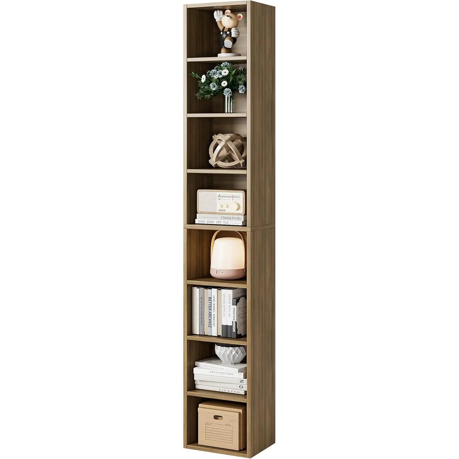 71 Inches Tall Narrow Bookshelf, 8-Tier Slim CD DVD Media Shelf, Corner Bookcase with Adjustable Shelves, Cube Skinny Bookshelf for  Office Small Space, Light Walnut