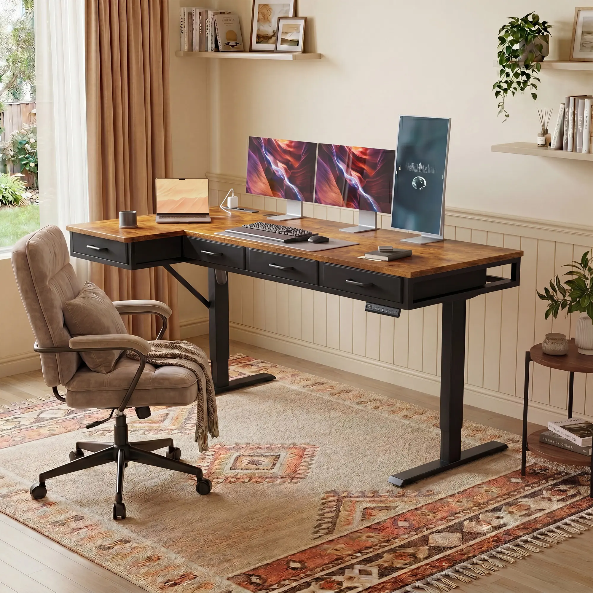 L Shaped Standing Desk with Drawers & Power Outlets, Height Adjustable Large Sit Stand, Computer Desk for Home Office Workstation