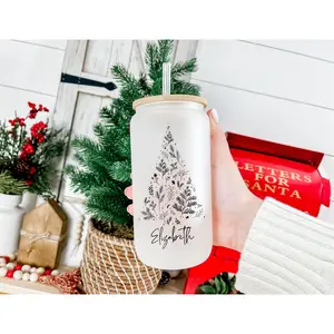 Christmas Iced Coffee Cups, Christmas Gift, Personalized name Daisy Glass Cup, coffee frosted cups, Bridal Shower Gift, Christmas tumbler