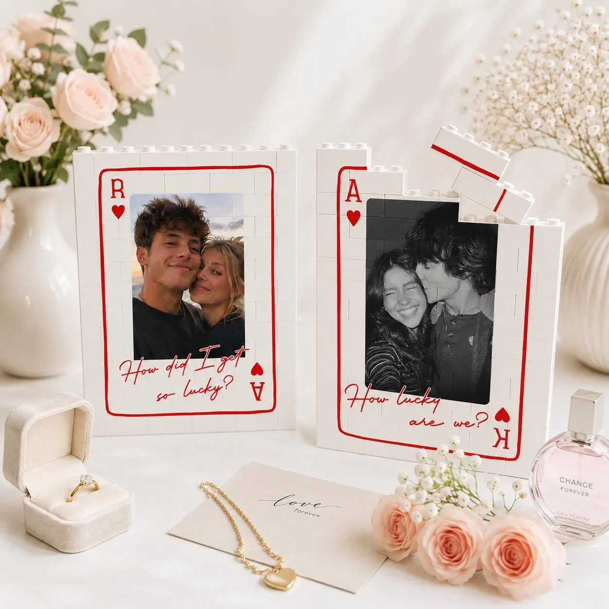 Personalized Couple Photo Playing Card Plaque, How Lucky We Are Building Bricks, Anniversary Gift For Girlfriend Decor, Wife Picture Puzzle Building Blocks
