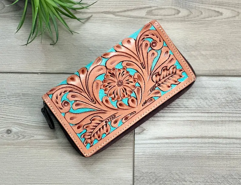 Tooled Leather Western Wallet for Women Zip Purse Clutch Card Case Turquoise Brown