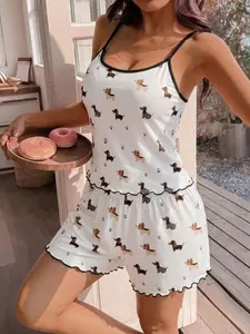 Women's Two-Piece Pajama Set, Short Sleeve Button-Up Top & Loose Shorts, Cute Puppy Print, Casual Nightwear Loungewear for Home Use
