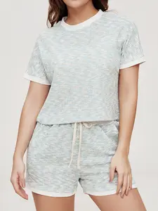Women's 2-piece set, Matching clothing set, color blocked blue, white woven short sleeved shorts, soft and comfortable, skin friendly, smooth round neck design, elastic waistband, side pockets, suitable for all seasons, women's home clothing