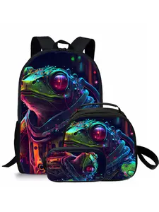 Mechanical frog pattern printed 17-inch backpack three-piece set (single-layer backpack + shoulder strap round lunch bag + single-layer pencil bag)