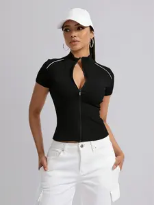 Women's Sport Jacket T-Shirt, Front Zipper Closure, High Neck Design, Summer Casual Short Sleeve, Breathable Fabric, Gym & Outdoor Wear, Gym Workout Tops, Workout Activewear, Athletic Activewear, Workout Clothes, Gymwear