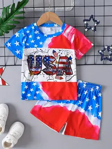 Boys Two-Piece Set Independence Day Usa Letter Star Print T-Shirt with Star Print Shorts, Outdoor Clothing for Kids, Comfortable and Stylish
