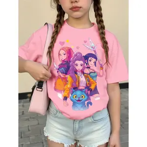 Girls' Round Neck Short Sleeve T-Shirt, Cartoon Print Tee, K-Pop Blue Cat Cartoon Pattern, Soft Comfortable Knit Fabric, Summer Vacation Outdoor Activities