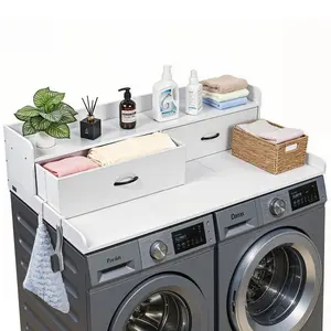 VEVOR Washer Dryer Countertop with Shelf, 54x 27.5 in Wooden Washer and Dryer Topper with 2 Drawers 2 Hooks, Laundry Machine Topper for Laundry Closet Pantry Counter Organization and Storage, White
