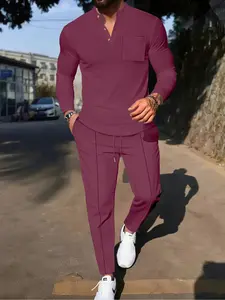 Men's Spring Summer Set, Two-Piece Waffle Texture Long Sleeve Muscle Show Design, High Waist Elastic Pants & Drawstring Waist, Casual Wear for Running