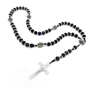 Crystal Beads Catholic Rosary Crucifix Necklace, Our Lady of Gudalupe (Black) Collar Crucifijo Rosario Católico Cuentas de Nuestra senora de Gualdalupe (Negro)