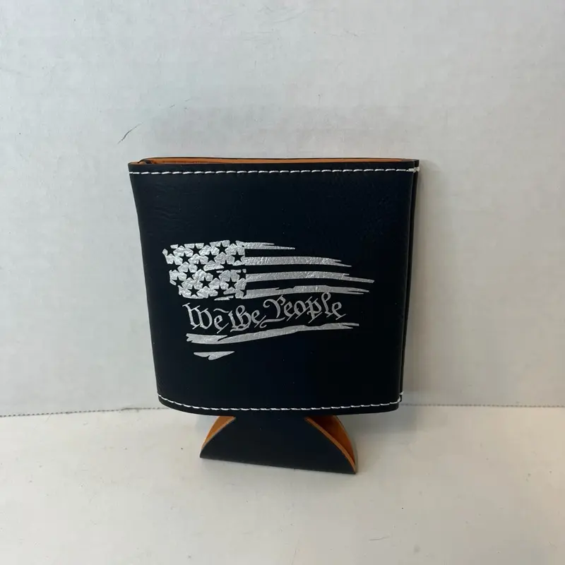 Black Leatherette Koozie We the People American Flag Design - Perfect for Patriotic Events and Gifts