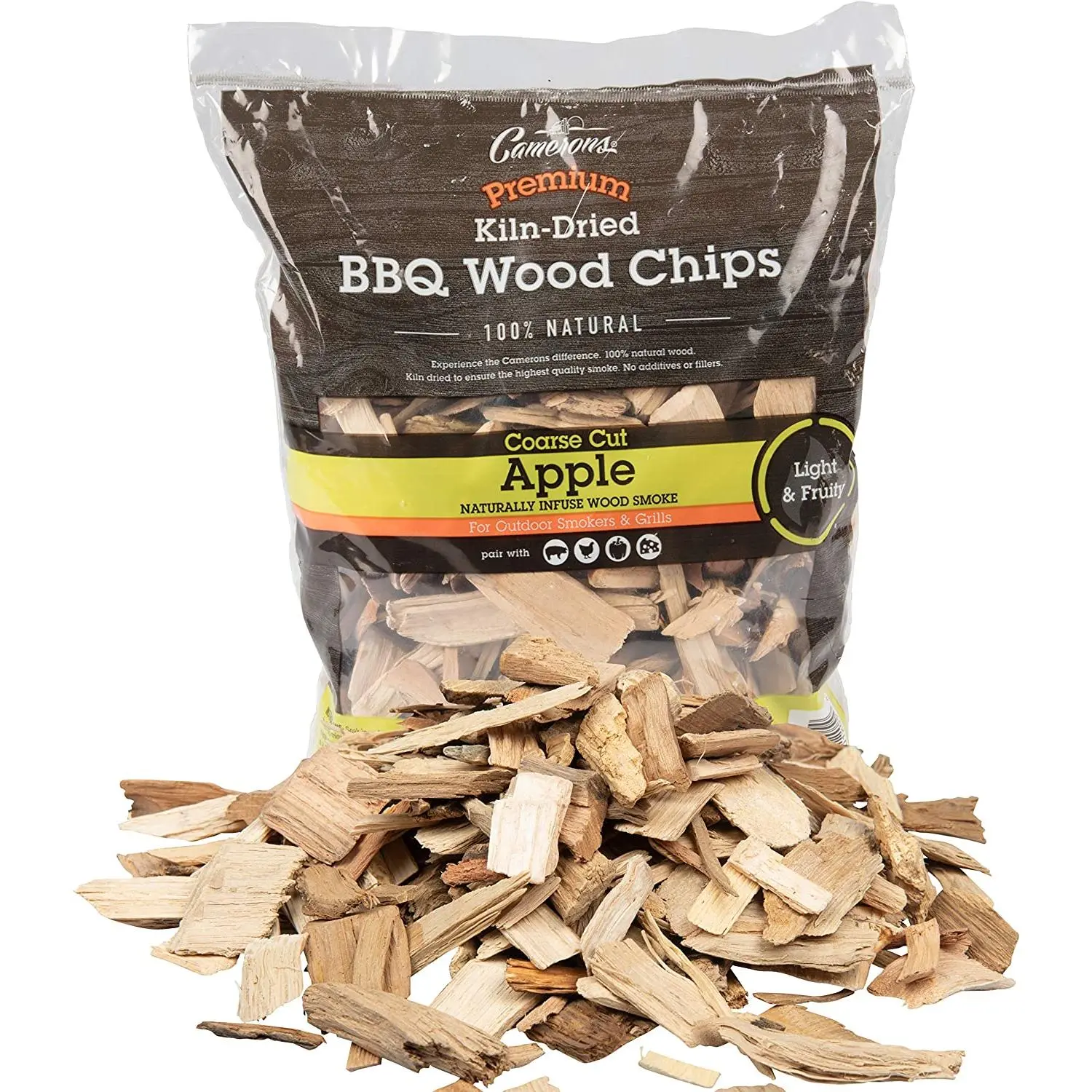 Camerons Products Smoking Chips - (Apple) ~ 2 Pound Bag  260 cu. in.- Kiln Dried  All Natural Coarse Wood Smoker Chunks- Barbecue Chips
