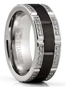 Men's Titanium Ring Two-Tone Wedding Band Round-Cut Cubic Zirconia Black Silver 8MM Men's Titanium Ring Two-Tone Wedding Band Round-Cut Cubic Zirconia Black Silver 8MM