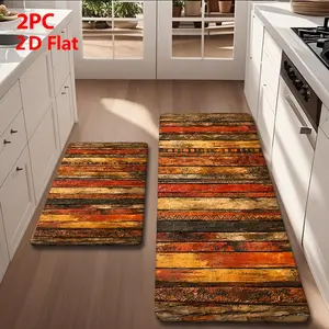 2/3pcs Soft Flannel Kitchen Mat Set, Striped Wood Grain Design, Anti-Slip Non-Skid, Absorbent