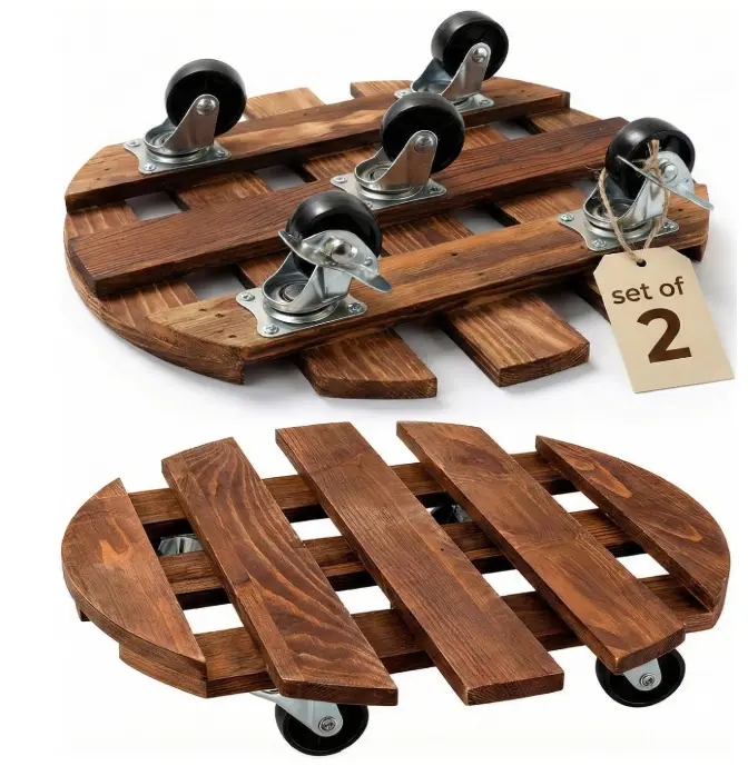 2 Pack Wooden Plant Stand with Wheels, Round Rolling Plant Stand with 360° Lockable Wheels for Vertical Garden Towers, Vertical Planting Tanks, Plant Pots, Wastebaskets (12")