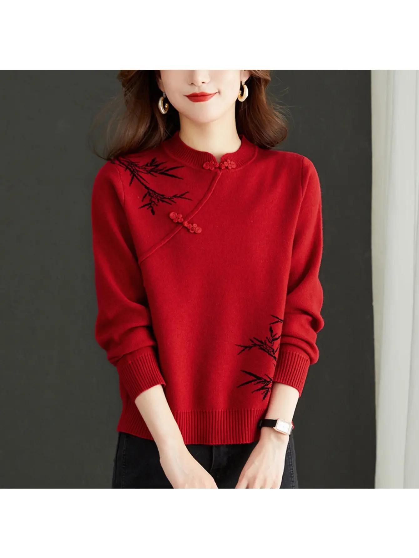 2026 New Chinese Style Red Sweater for Women Traditional Frog Button Design Autumn & Winter Knitwear New Year Inner Layering Top Festive Party Wear for Spring Festival & Christmas (1pc)