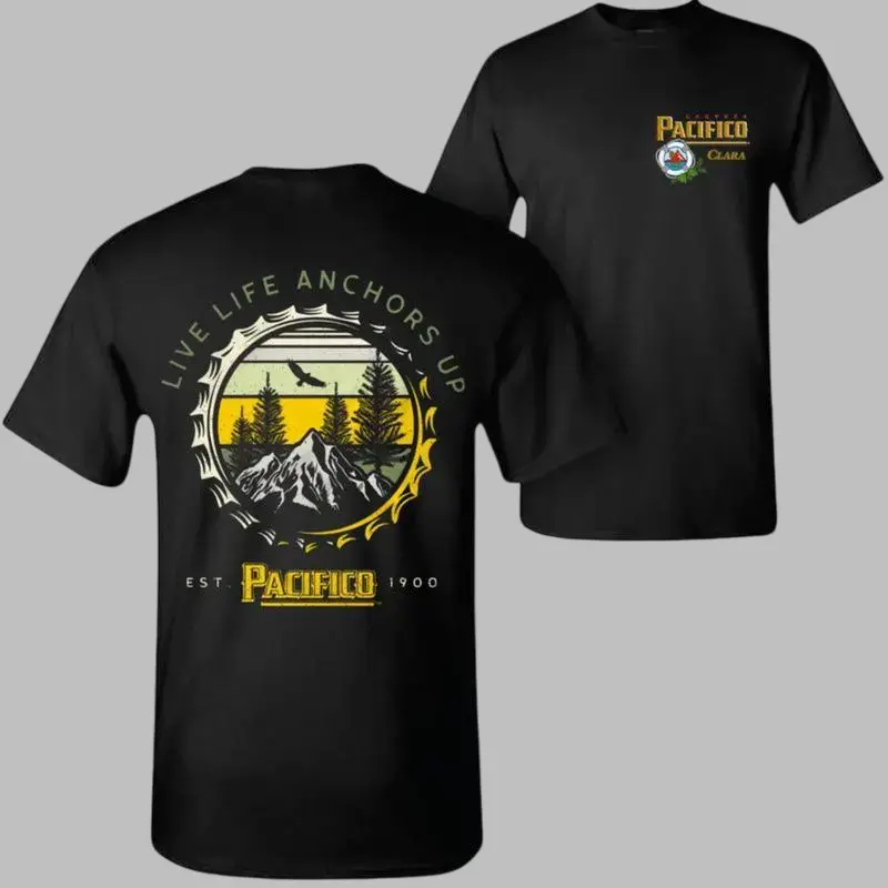 Pacifico Beer – 2 Sides Live Life Anchors Up Mountain Graphic Tee, Novelty for Outdoor Lovers & Beer Fans, Funny Graphic Tee, Cotton Moisture-Wicking Short Sleeve Crew Neck, Casual Streetwear for Men & Women" T-Shirt