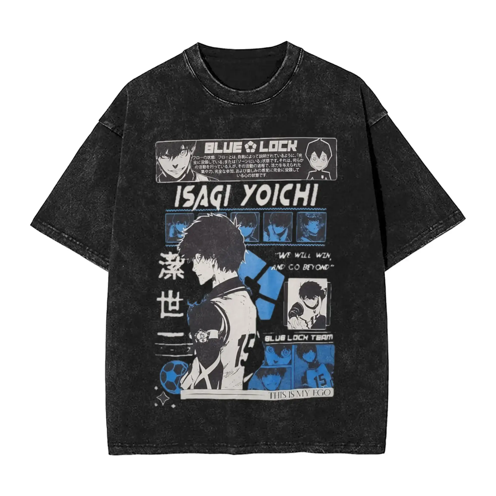 Men's Blue Lock Isagi Yoichi Cotton Fabric Graphic T-Shirt - 90s Grunge, Vintage Acid Wash Short-Sleeve, Basic Round Neck, Egoist Striker No.15 Hem Detail, Body Shape Fit Harajuku Streetwear Top (Pair with Jeans)
