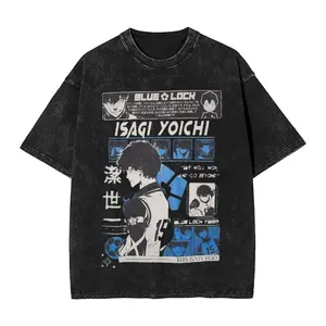 Blue Lock Isagi Yoichi Anime Graphic Tee, Vintage Acid Wash Unisex T-Shirt, Anime OOTD show Egoist Striker Number 15 Top, Y2K Grunge Harajuku Hip Hop Streetwear Clothes for Men and Women