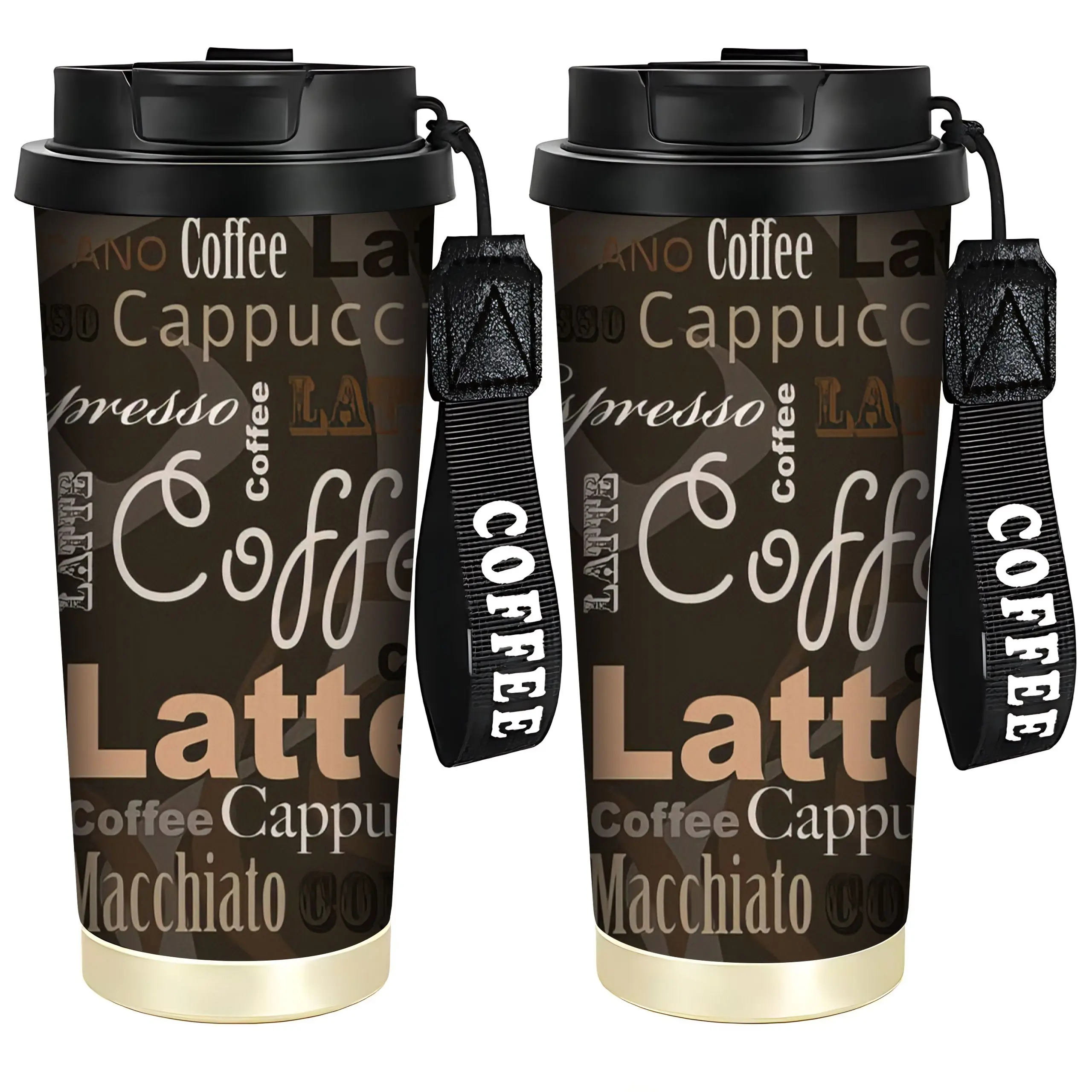 304 Stainless Steel Vacuum Flask Tumbler - Insulated Portable Coffee Cup with Black Lid, Hanging Strap, Stylish Patterned Oval Design, for Hot/Cold Beverages, Car Travel, Home Use