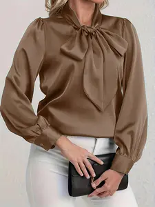 Elegant Satin Blouse with Bow Tie Collar, Long Sleeve, Commuter Style, Office Date Versatile Top, Fitted Plain Design, All Seasons Wear