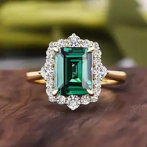 Vintage Emerald Cut Halo Ring | Luxury Colored Stone CZ Engagement Jewelry for Women