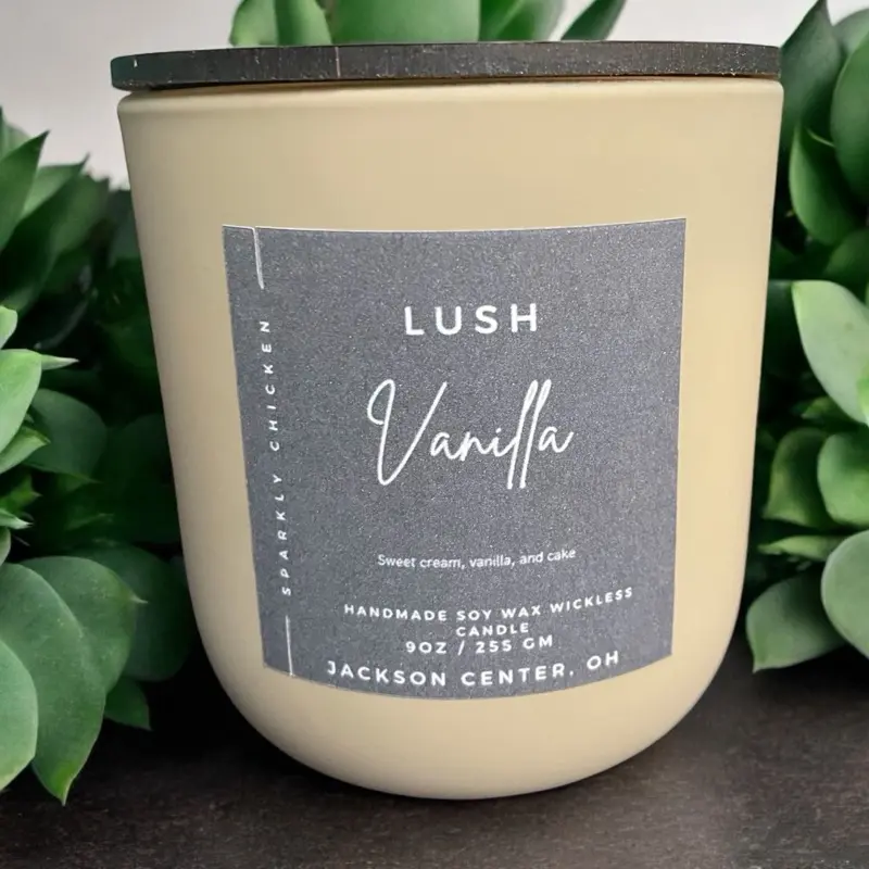 Lush Vanilla 9oz Handmade Soy Wax Candle Sweet Cream Vanilla Cake Scented Sparkly Chicken Fragrance