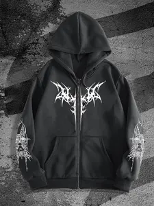 Men's Gothic Style Zip Up Streetwear Hoodie, Regular Fit Casual Fashion Long Sleeve Hooded Sweatshirt for Daily Wear, Men's Clothes for All Seasons, Longsleeves Tops, Menswear