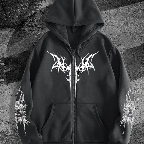 Men's Gothic Style Zip Up Grunge Streetwear Graphic Hoodie, Regular Fit Casual Fashion Long Sleeve Hooded Sweatshirt for Daily Wear, Men's Clothes for All Seasons, Longsleeves Tops, Graphic Hoodies, Menswear